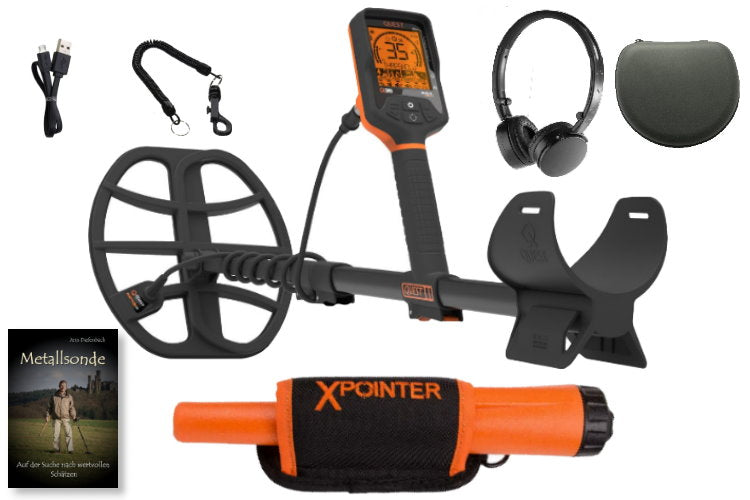 Quest Q35 Metalldetektor mit Funkkopfhörer & Xpointer Pinpointer (orange) & Schatzsucherhandbuch