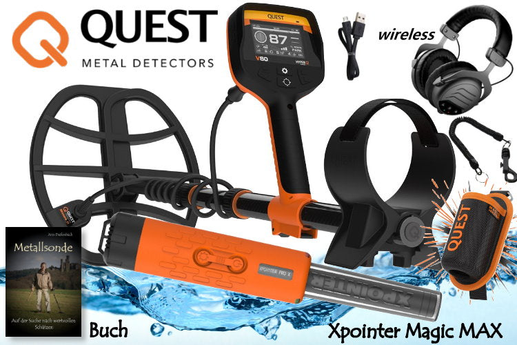 Quest V80 Metalldetektor mit Funkkopfhörer & Xpointer Magic MAX Pinpointer & Schatzsucherhandbuch
