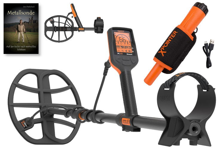 Quest X10 IDmaxX Metalldetektor & Xpointer Pinpointer (Farbe orange) & Schatzsucherhandbuch