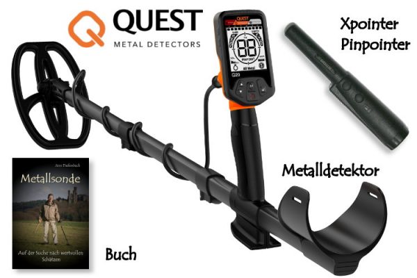 Metalldetektor Quest Q20 mi Xpointer und Schatzsucherhandbuch